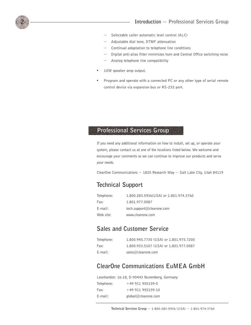 Professional services group, Technical support, Sales and customer service | Clearone communications eumea gmbh | ClearOne XAP400 User Manual | Page 8 / 173