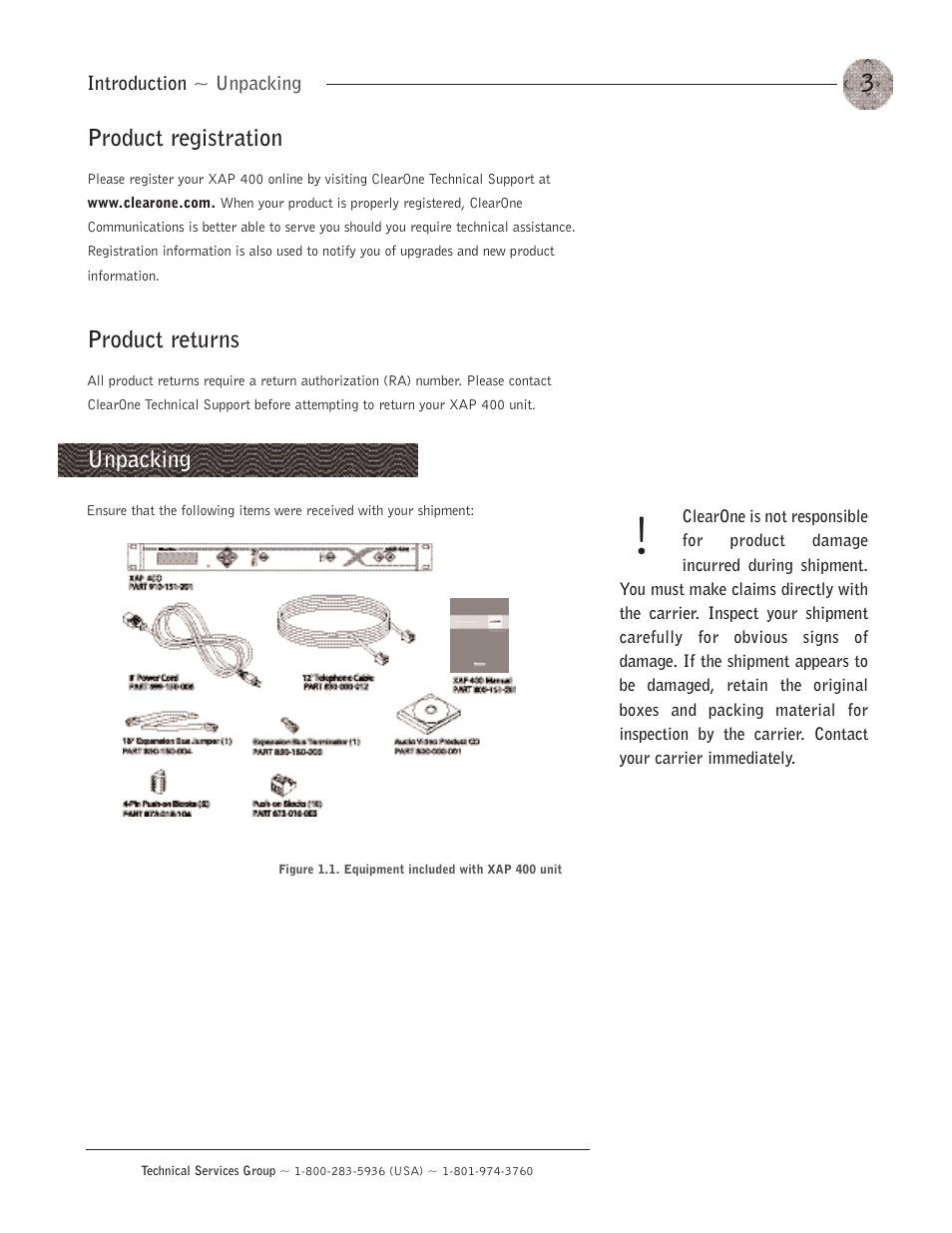 Product registration, Product returns, Unpacking | Product registration product returns | ClearOne XAP400 User Manual | Page 9 / 173