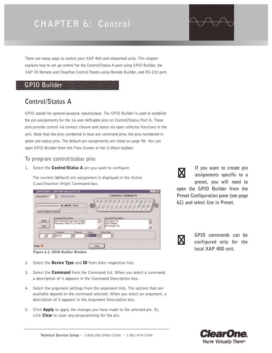 Chapter 6: control, Control/status a, Gpio builder | ClearOne XAP400 User Manual | Page 93 / 173