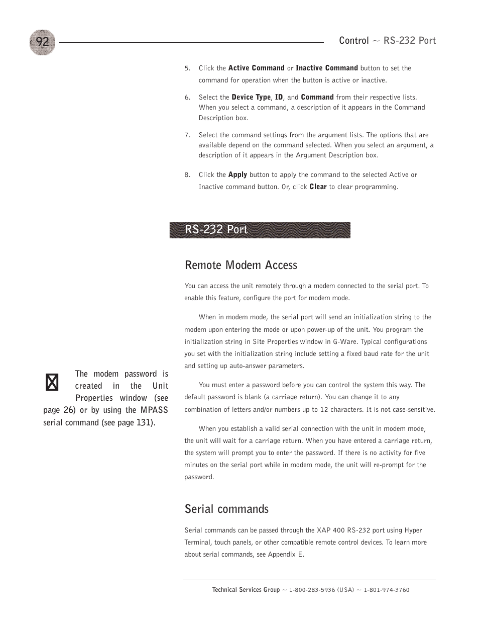 Remote modem access, Serial commands, Rs-232 port | ClearOne XAP400 User Manual | Page 98 / 173