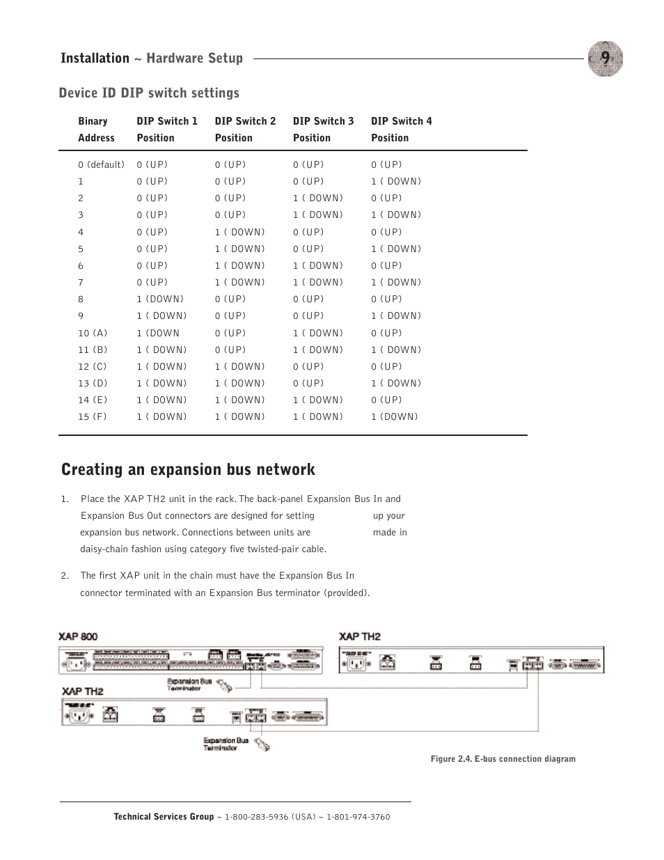 Creating an expansion bus network, Installation ~ hardware setup, Device id dip switch settings | ClearOne XAP TH2 User Manual | Page 13 / 60