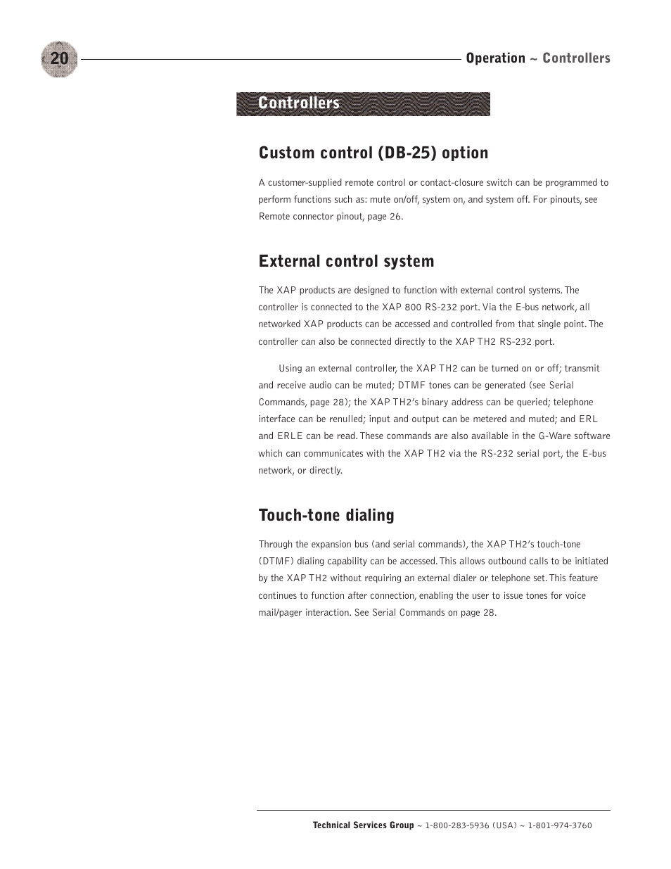 Custom control (db-25) option, External control system, Touch-tone dialing | Controllers | ClearOne XAP TH2 User Manual | Page 24 / 60