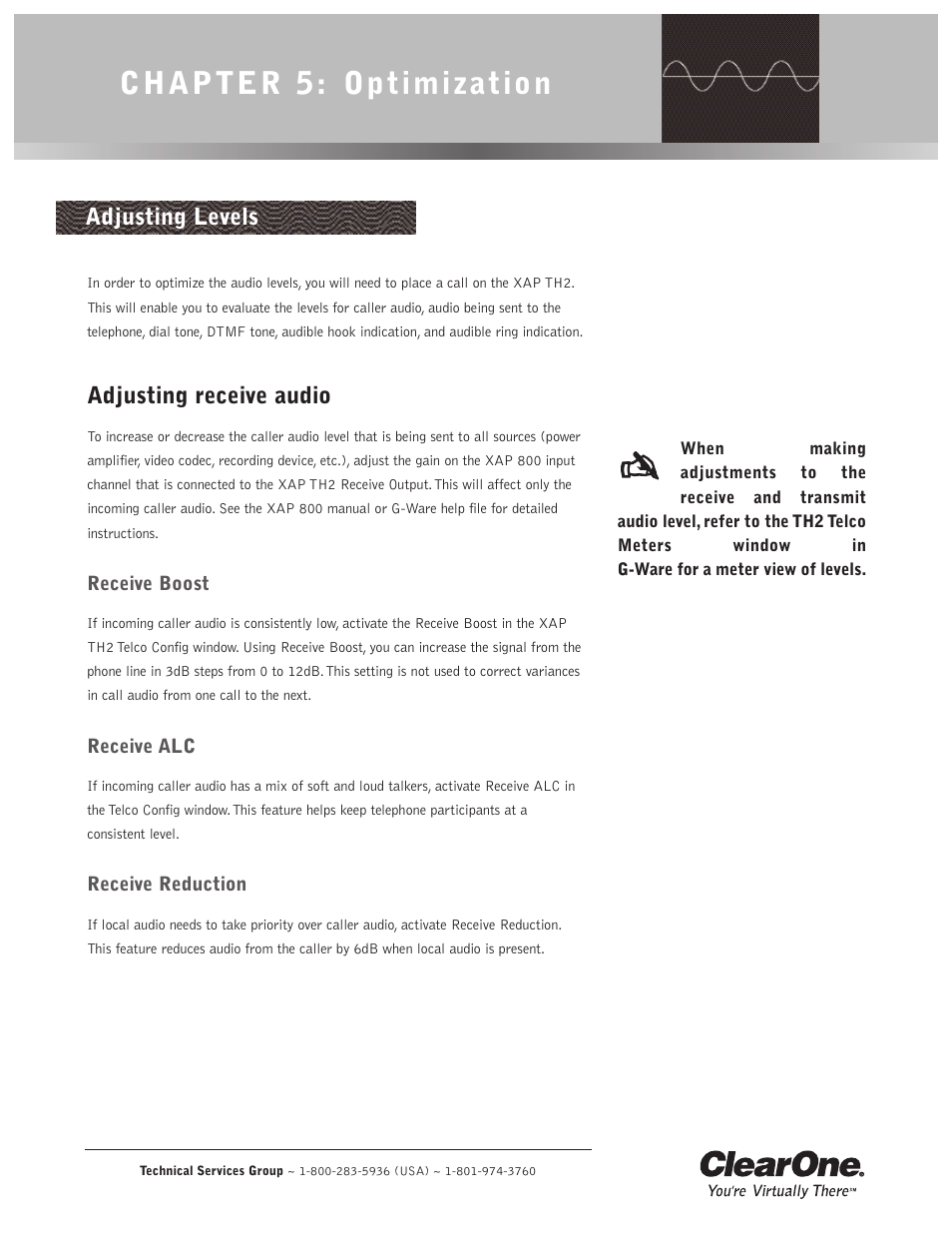 Chapter 5: optimization, Adjusting receive audio, Adjusting levels | ClearOne XAP TH2 User Manual | Page 25 / 60