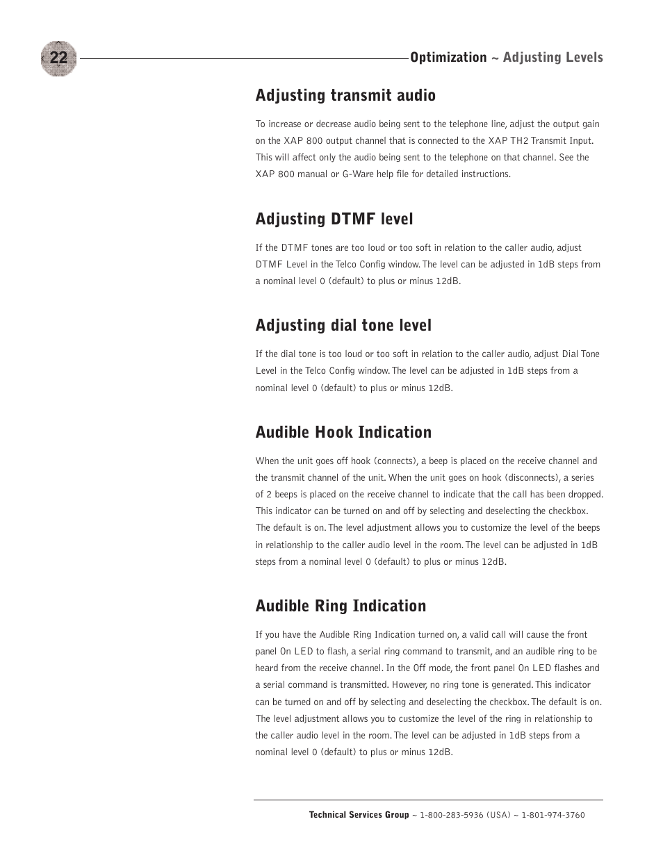 Adjusting transmit audio, Adjusting dtmf level, Adjusting dial tone level | Audible hook indication, Audible ring indication | ClearOne XAP TH2 User Manual | Page 26 / 60