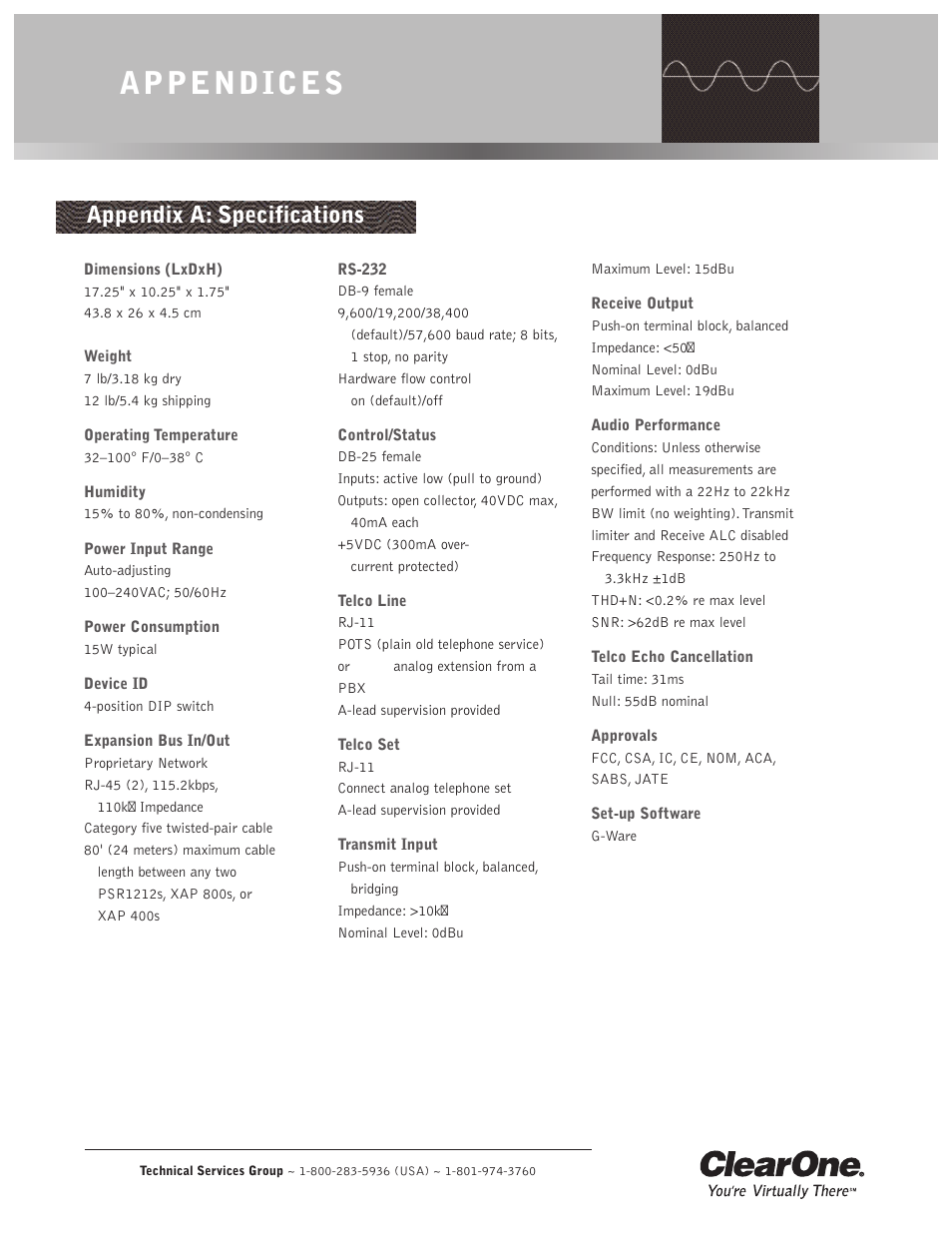 Appendices, Appendix a: specifications | ClearOne XAP TH2 User Manual | Page 29 / 60