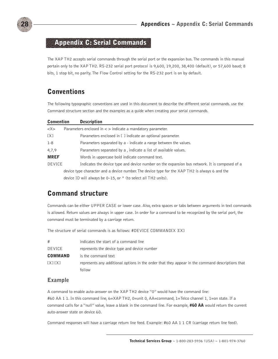 Conventions, Command structure, Appendix c: serial commands | Appendices ~ appendix c: serial commands, Example | ClearOne XAP TH2 User Manual | Page 32 / 60