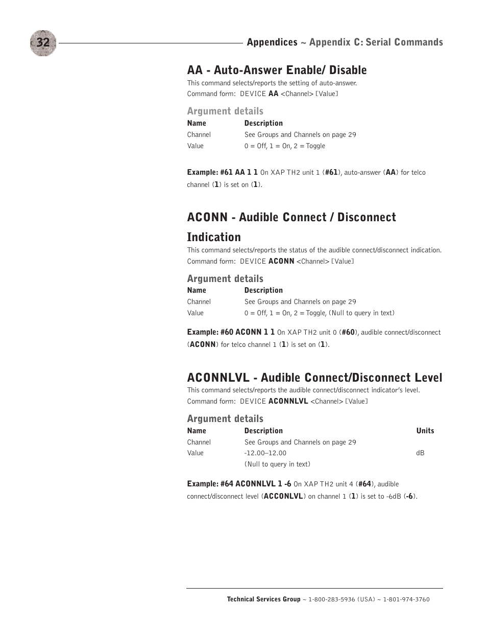 Aa - auto-answer enable/ disable, Aconn - audible connect / disconnect indication, Aconnlvl - audible connect/disconnect level | Appendices ~ appendix c: serial commands, Argument details | ClearOne XAP TH2 User Manual | Page 36 / 60