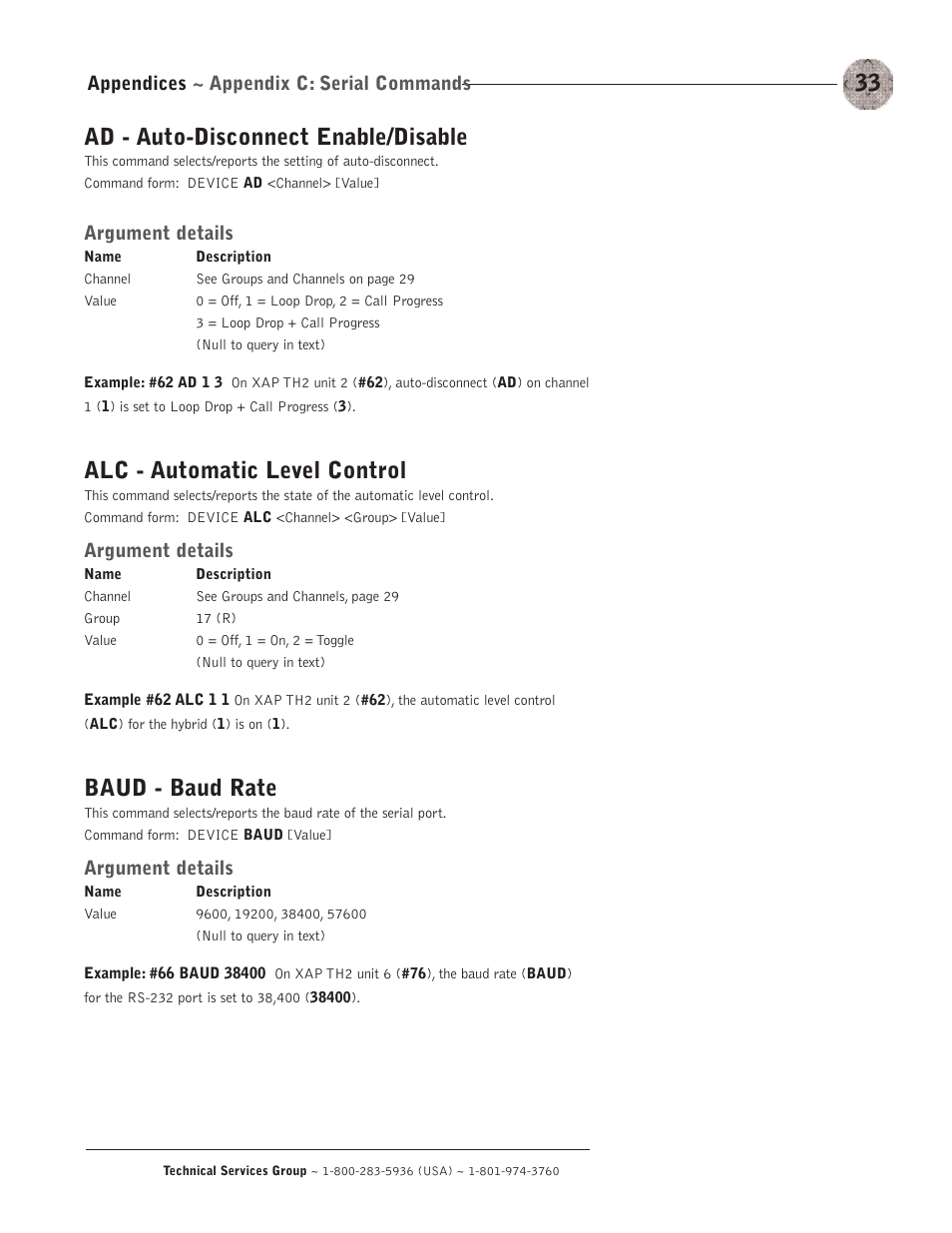 Ad - auto-disconnect enable/disable, Alc - automatic level control, Baud - baud rate | Appendices ~ appendix c: serial commands, Argument details | ClearOne XAP TH2 User Manual | Page 37 / 60