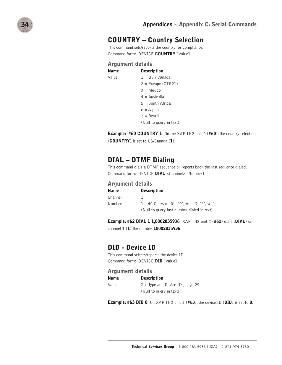 Country – country selection, Dial – dtmf dialing, Did - device id | Appendices ~ appendix c: serial commands, Argument details | ClearOne XAP TH2 User Manual | Page 38 / 60