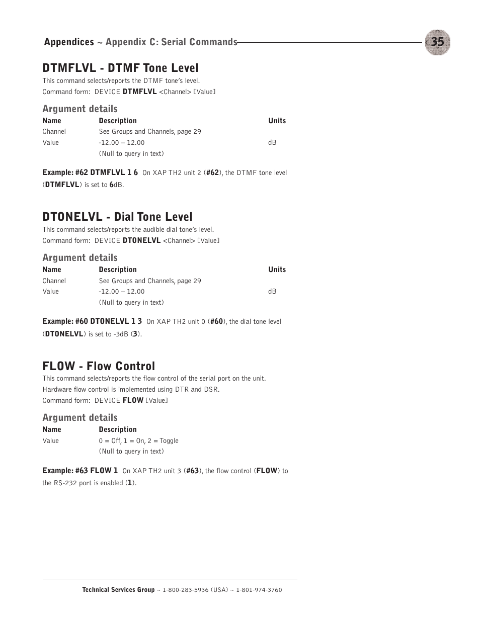 Dtmflvl - dtmf tone level, Dtonelvl - dial tone level, Flow - flow control | Appendices ~ appendix c: serial commands, Argument details | ClearOne XAP TH2 User Manual | Page 39 / 60