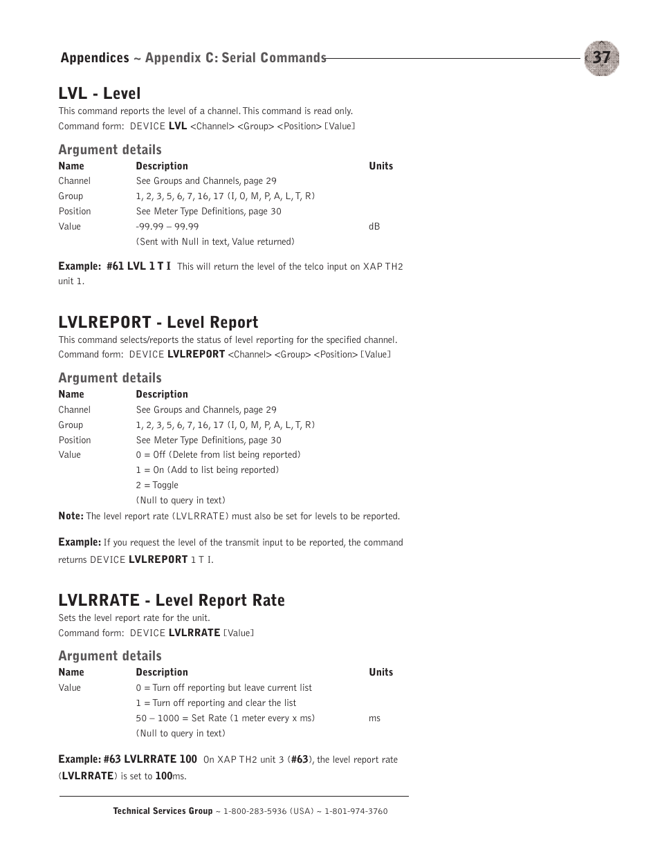 Lvl - level, Lvlreport - level report, Lvlrrate - level report rate | Appendices ~ appendix c: serial commands, Argument details | ClearOne XAP TH2 User Manual | Page 41 / 60