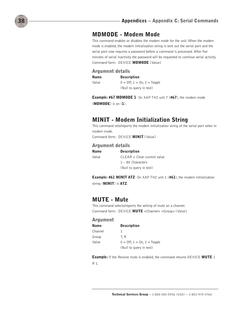 Mdmode - modem mode, Minit - modem initialization string, Mute - mute | Appendices ~ appendix c: serial commands, Argument details, Argument | ClearOne XAP TH2 User Manual | Page 42 / 60