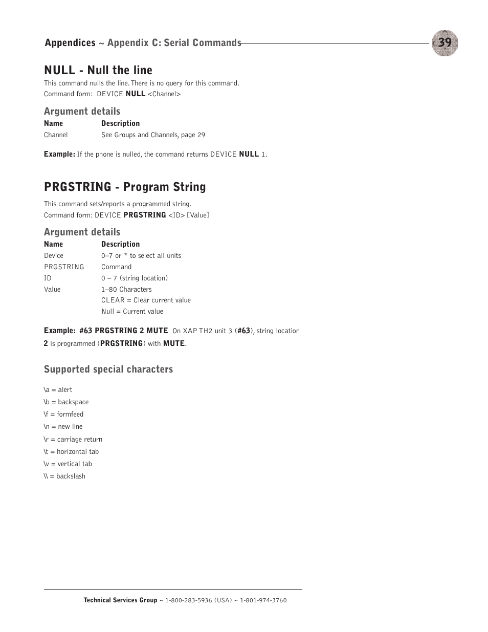 Null - null the line, Prgstring - program string, Appendices ~ appendix c: serial commands | Argument details, Supported special characters | ClearOne XAP TH2 User Manual | Page 43 / 60