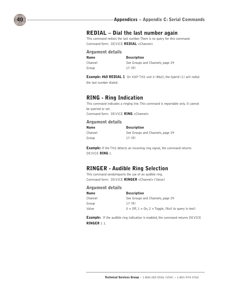 Redial – dial the last number again, Ring - ring indication, Ringer - audible ring selection | Appendices ~ appendix c: serial commands, Argument details | ClearOne XAP TH2 User Manual | Page 44 / 60