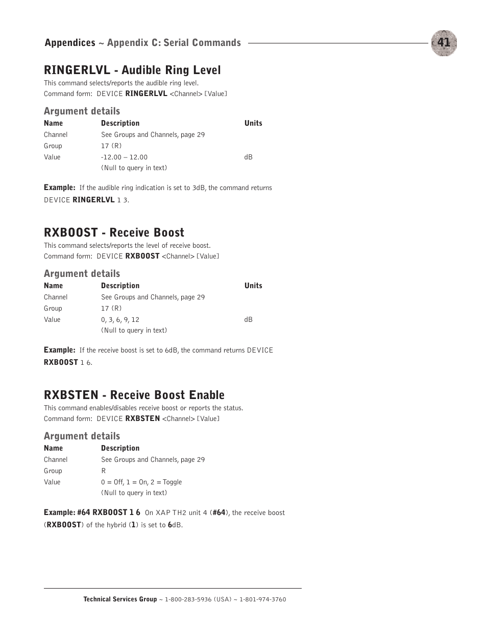 Ringerlvl - audible ring level, Rxboost - receive boost, Rxbsten - receive boost enable | Appendices ~ appendix c: serial commands, Argument details | ClearOne XAP TH2 User Manual | Page 45 / 60