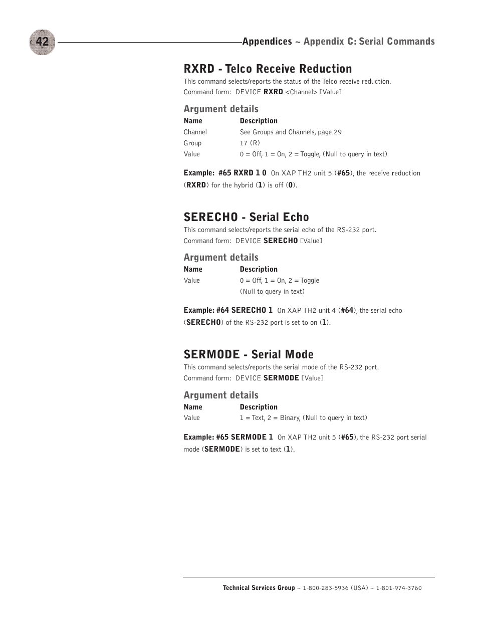 Rxrd - telco receive reduction, Serecho - serial echo, Sermode - serial mode | Appendices ~ appendix c: serial commands, Argument details | ClearOne XAP TH2 User Manual | Page 46 / 60