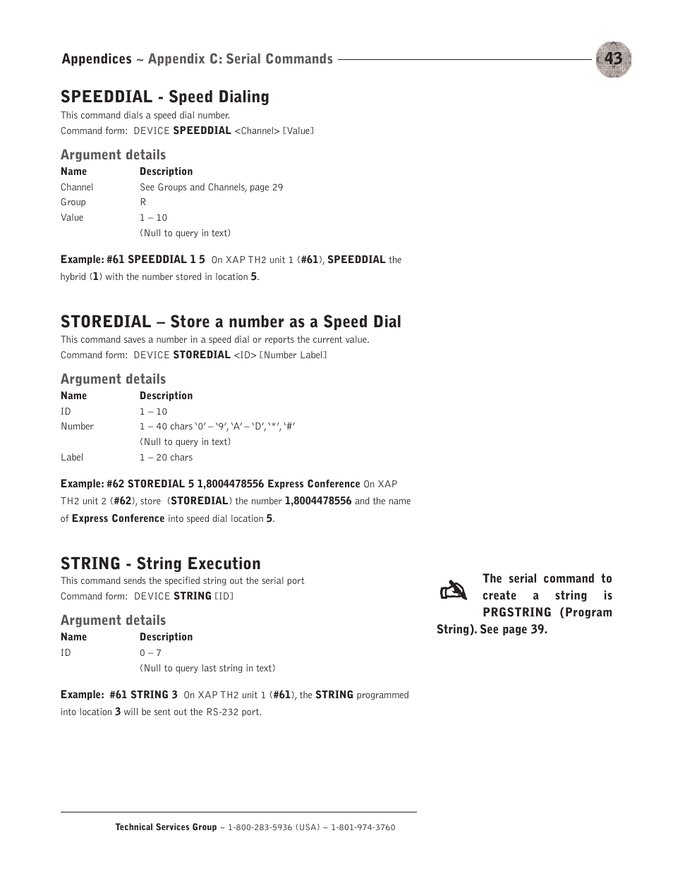 Speeddial - speed dialing, Storedial – store a number as a speed dial, String - string execution | ClearOne XAP TH2 User Manual | Page 47 / 60