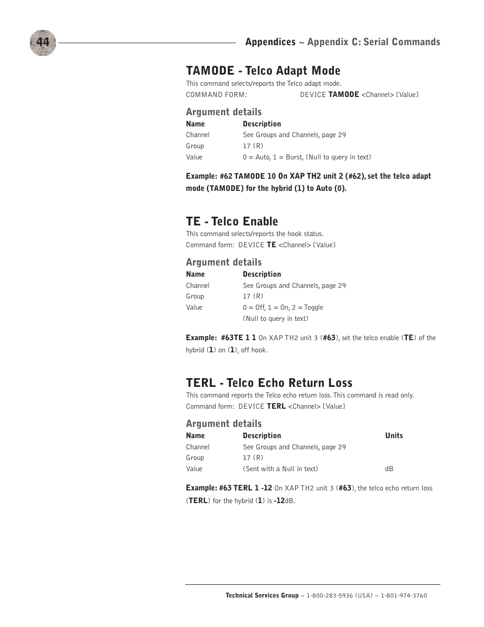 Tamode - telco adapt mode, Te - telco enable, Terl - telco echo return loss | Appendices ~ appendix c: serial commands, Argument details | ClearOne XAP TH2 User Manual | Page 48 / 60