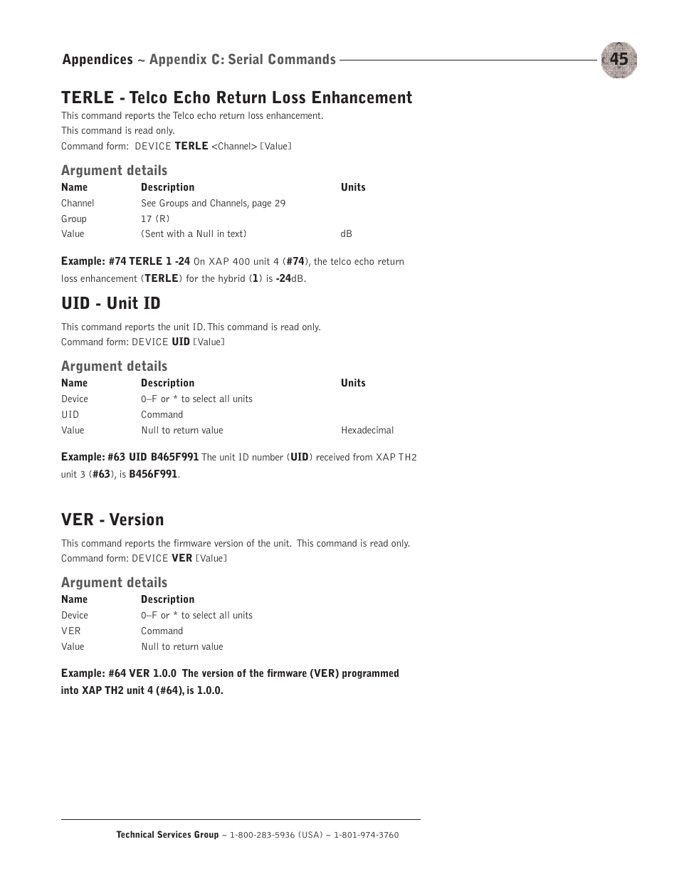 Terle - telco echo return loss enhancement, Uid - unit id, Ver - version | Appendices ~ appendix c: serial commands, Argument details | ClearOne XAP TH2 User Manual | Page 49 / 60