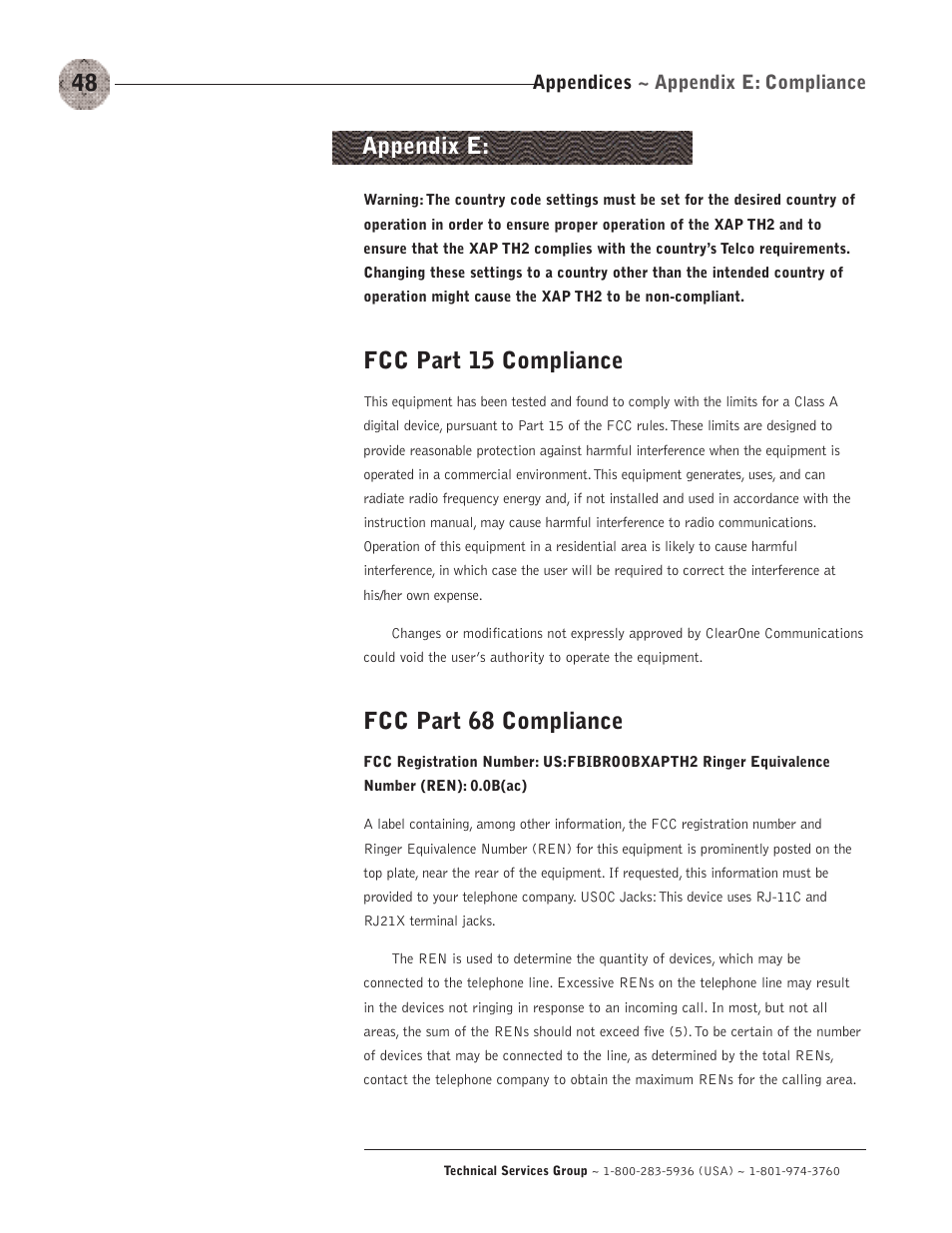 Fcc part 15 compliance, Fcc part 68 compliance, Appendix e | Appendices ~ appendix e: compliance | ClearOne XAP TH2 User Manual | Page 52 / 60