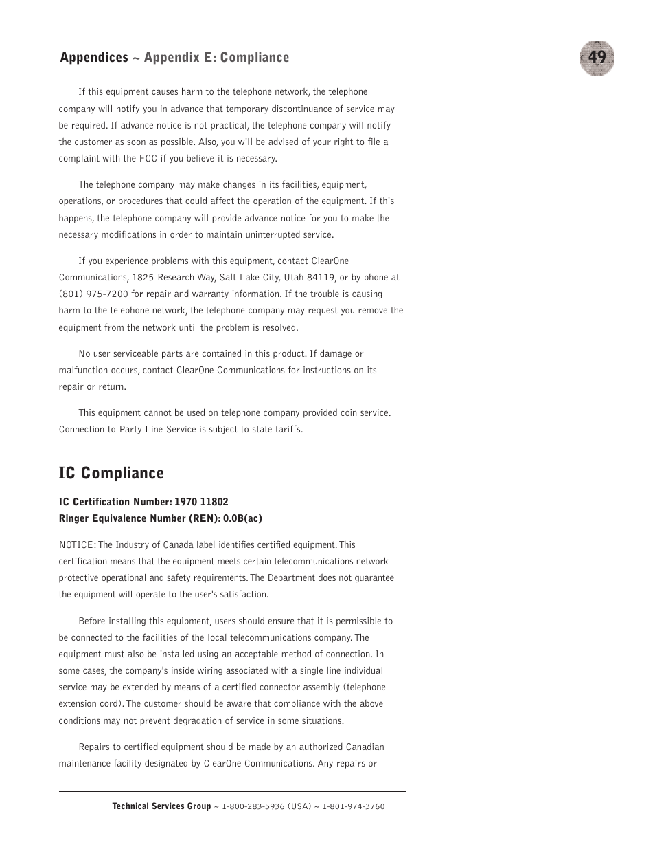 Ic compliance, Appendices ~ appendix e: compliance | ClearOne XAP TH2 User Manual | Page 53 / 60