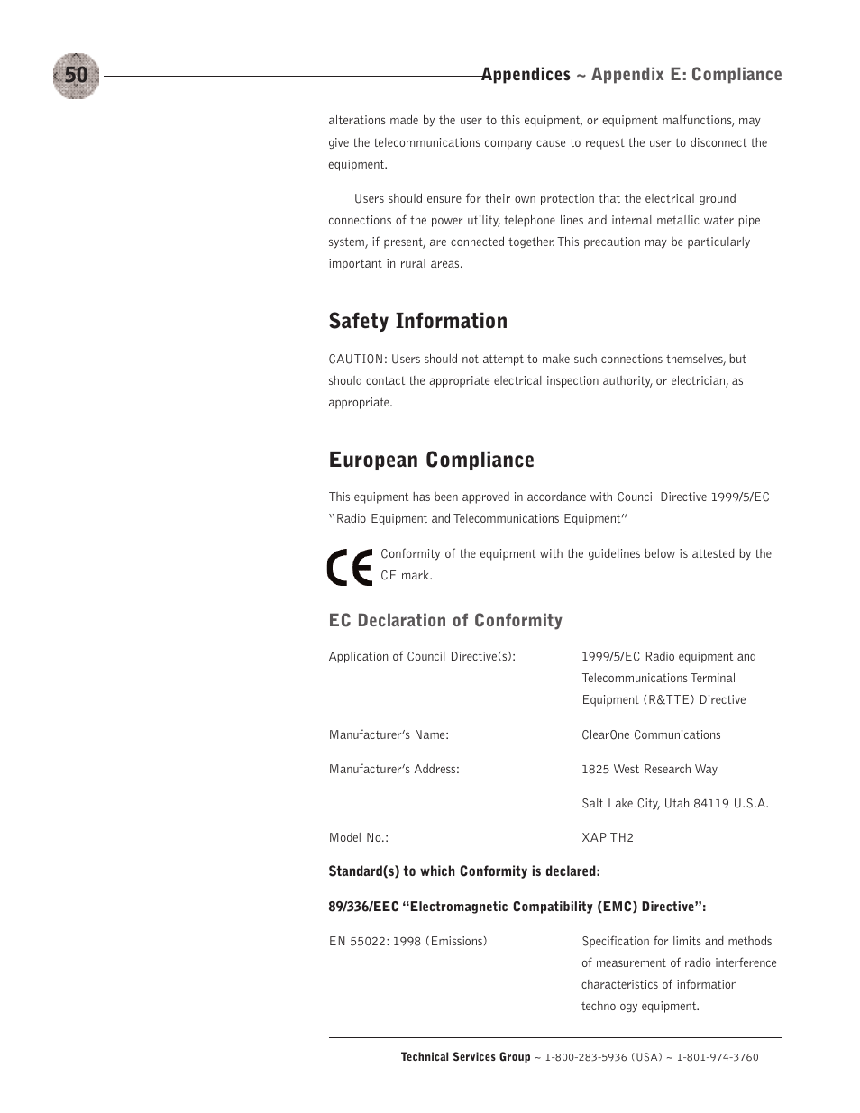 Safety information, European compliance, Appendices ~ appendix e: compliance | Ec declaration of conformity | ClearOne XAP TH2 User Manual | Page 54 / 60