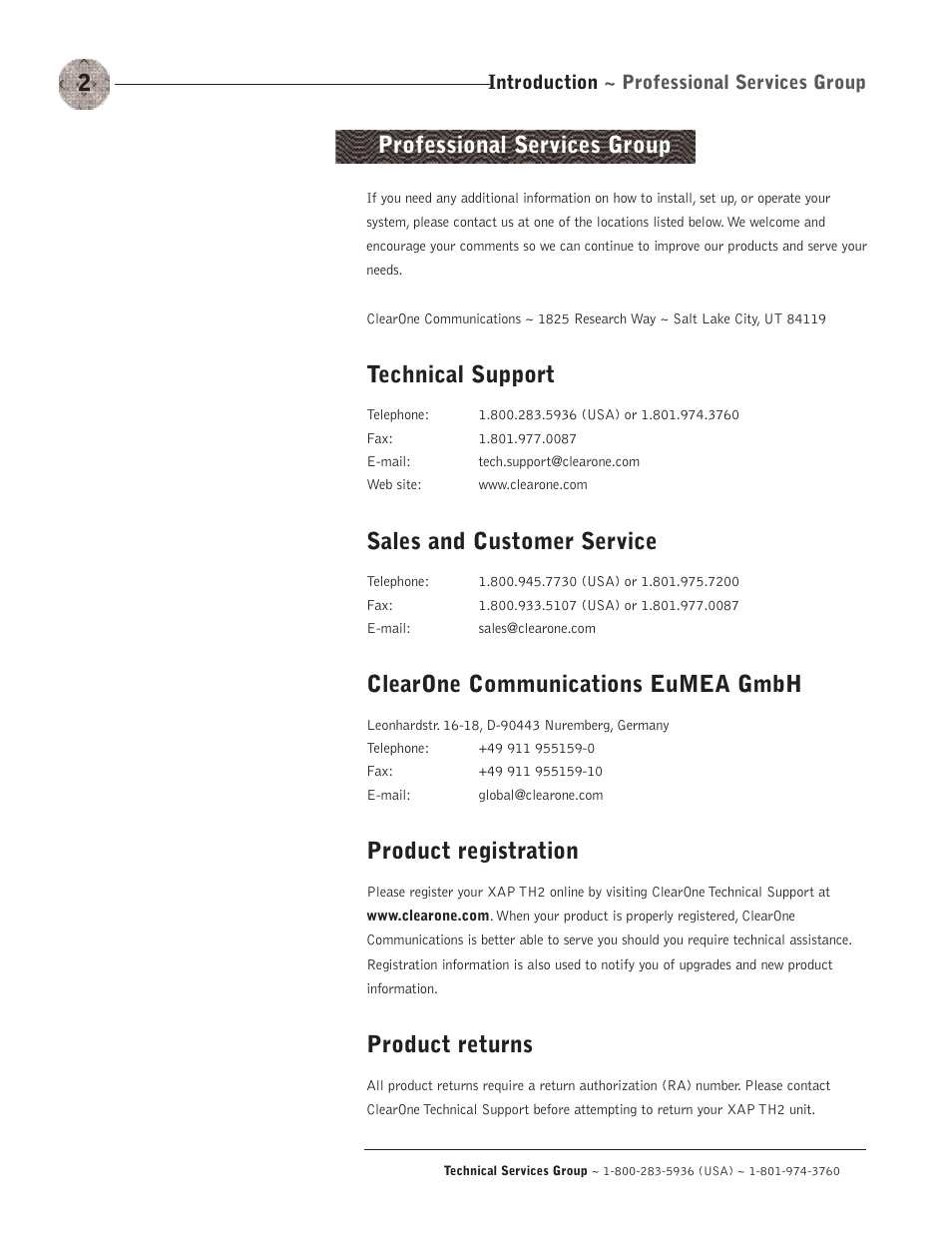 Technical support, Sales and customer service, Clearone communications eumea gmbh | Product registration, Product returns, Professional services group | ClearOne XAP TH2 User Manual | Page 6 / 60