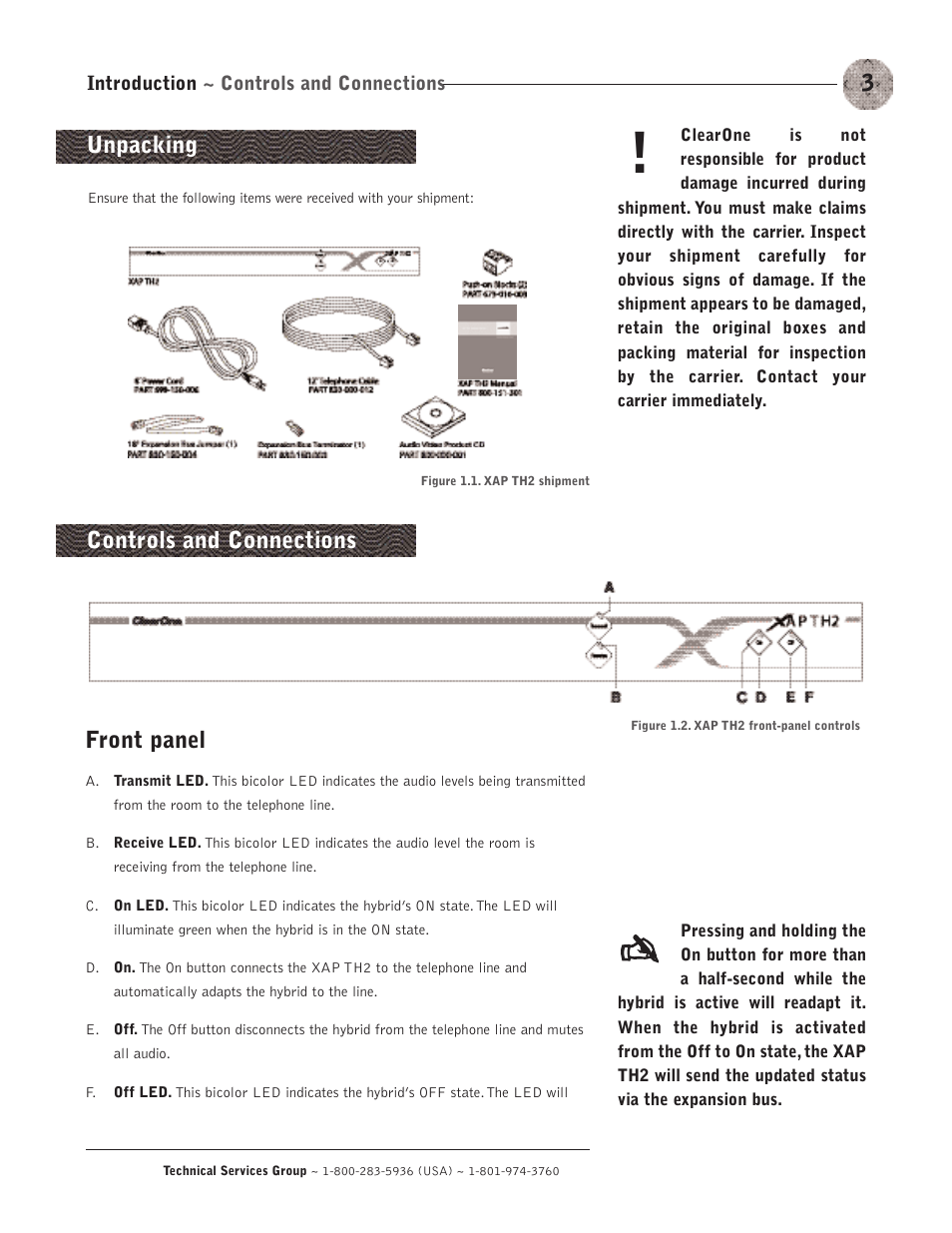 Unpacking, Controls and connections front panel | ClearOne XAP TH2 User Manual | Page 7 / 60