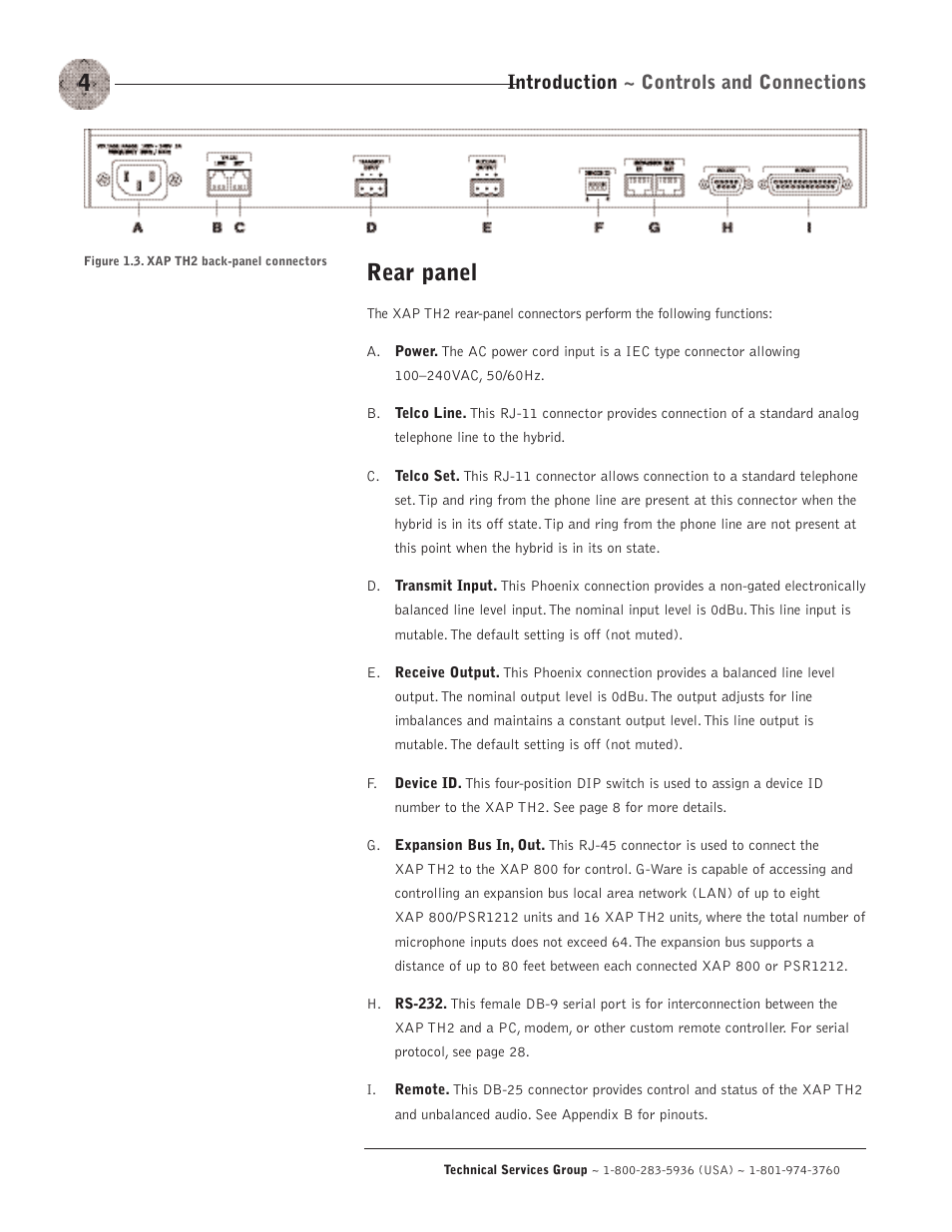 Rear panel, Introduction ~ controls and connections | ClearOne XAP TH2 User Manual | Page 8 / 60