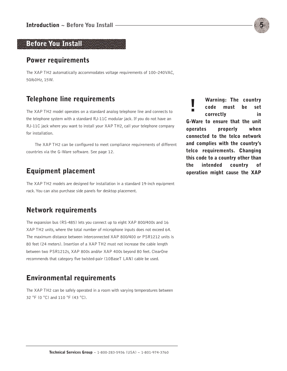 Power requirements, Telephone line requirements, Equipment placement | Network requirements, Environmental requirements, Before you install | ClearOne XAP TH2 User Manual | Page 9 / 60