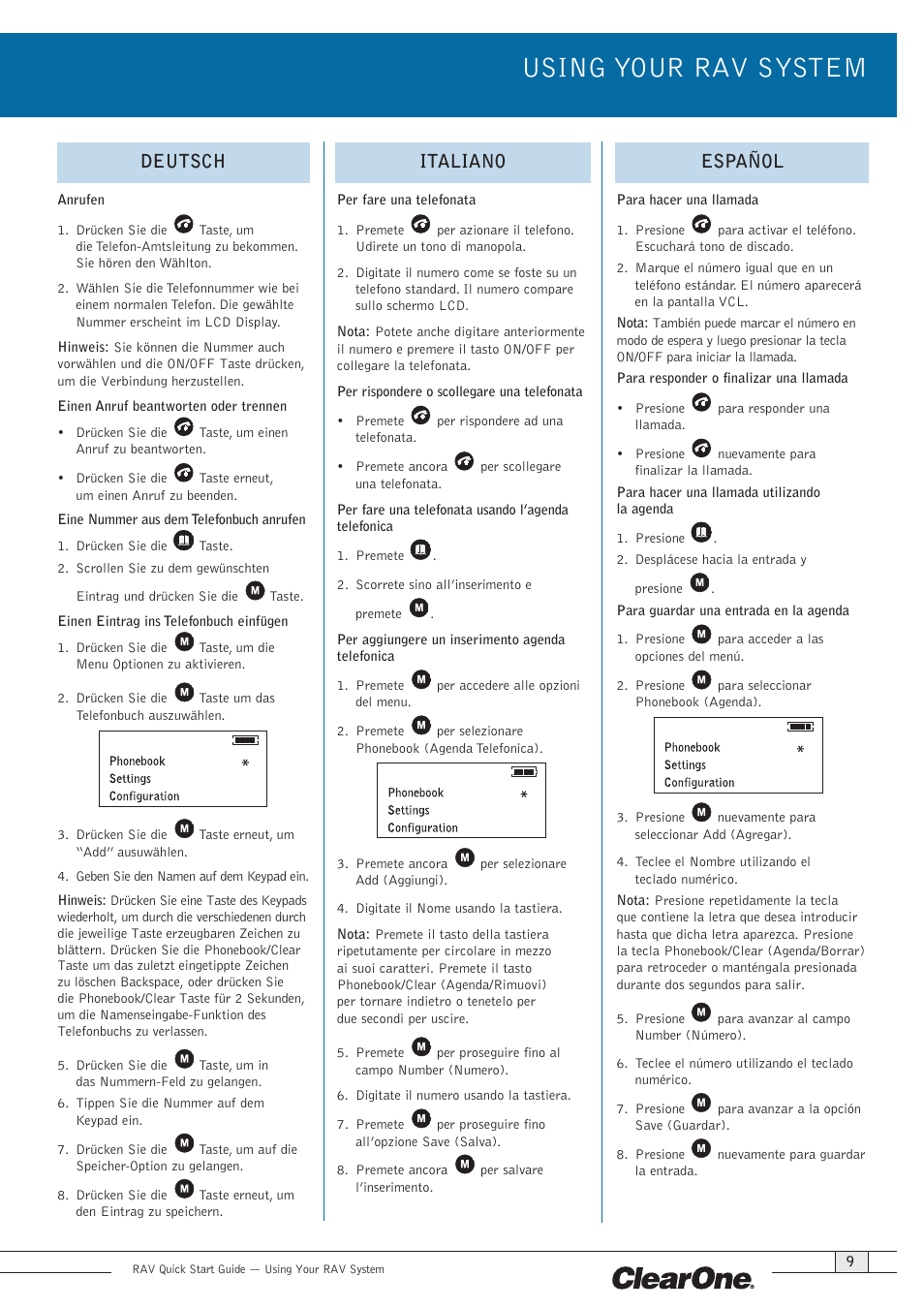 Using your rav system, Deutsch, Italiano | Español | ClearOne RAV 900 EMEA QSG User Manual | Page 11 / 12