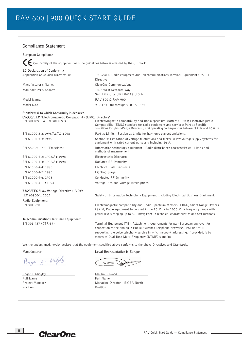 Compliance statement | ClearOne RAV 900 EMEA QSG User Manual | Page 2 / 12