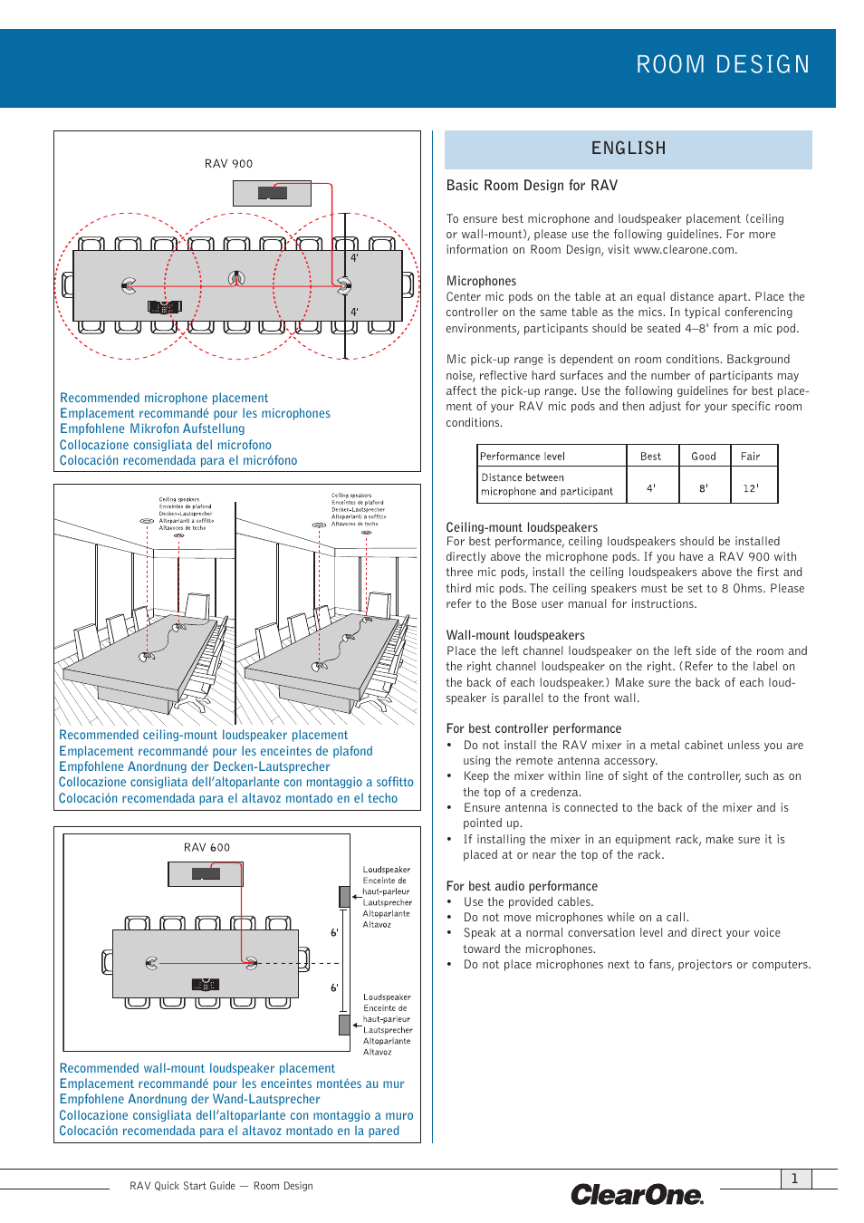 Room design, English | ClearOne RAV 900 EMEA QSG User Manual | Page 3 / 12