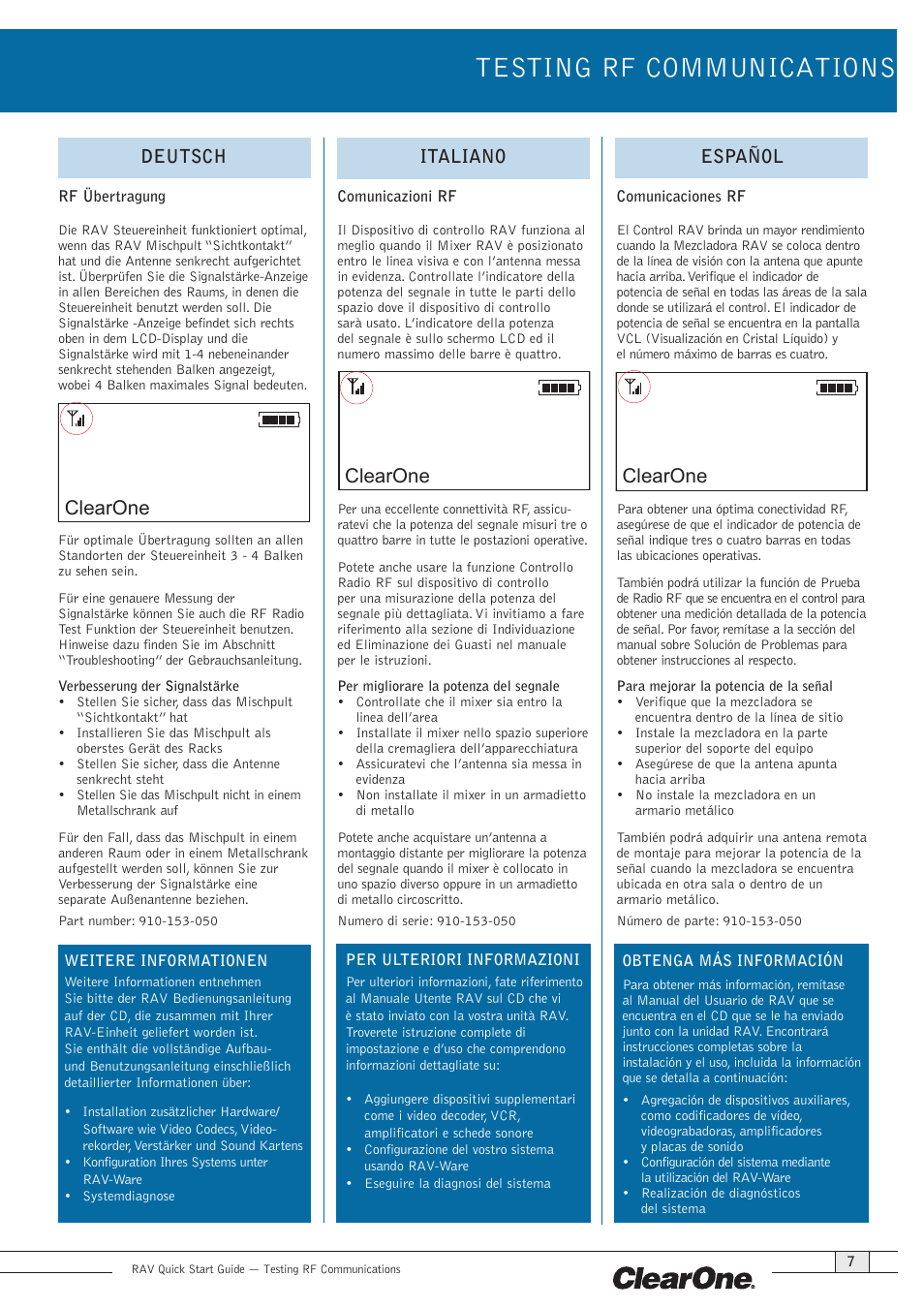 Testing rf communications, Clearone, Deutsch | Italiano, Español | ClearOne RAV 900 EMEA QSG User Manual | Page 9 / 12