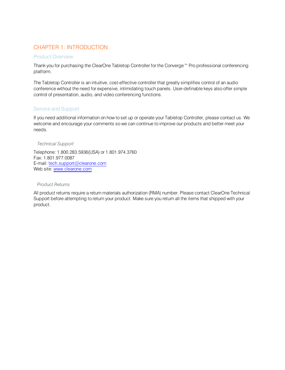 Chapter 1: introduction, Product overview, Service and support | Technical support, Product returns | ClearOne Table Controller for XAP User Manual | Page 4 / 17
