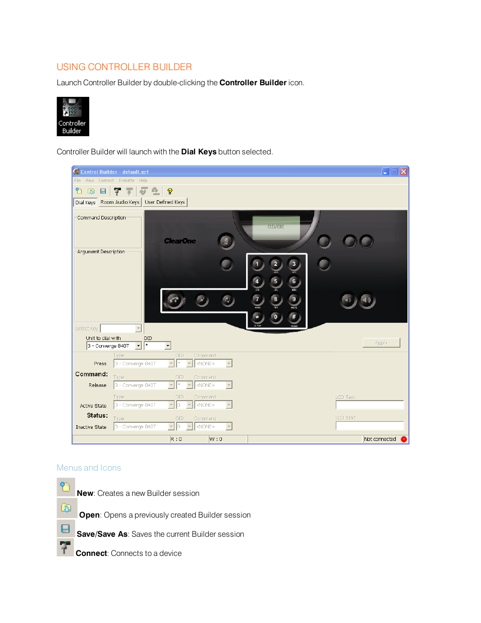 Using controller builder, Menus and icons | ClearOne Table Controller for XAP User Manual | Page 9 / 17