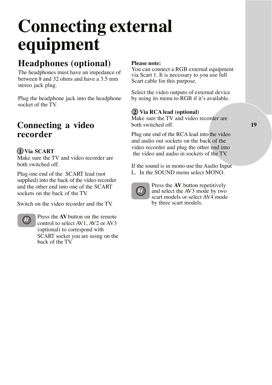 Connecting external equipment, Headphones (optional), Connecting a video recorder | Beko NICAM STEREO User Manual | Page 20 / 26