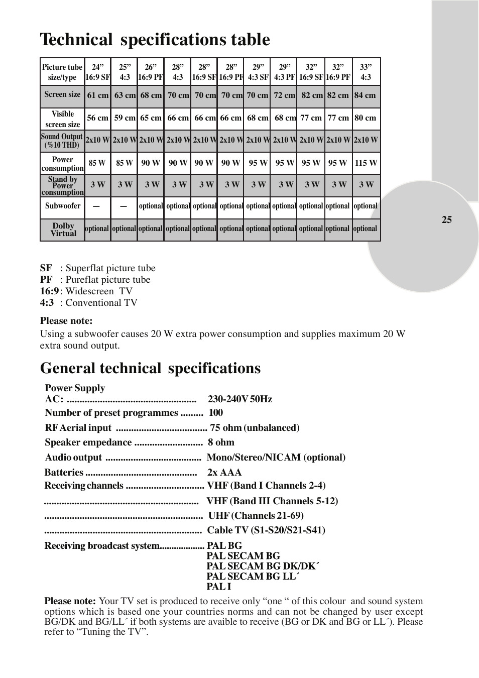 Technical specifications table, General technical specifications | Beko NICAM STEREO User Manual | Page 26 / 26