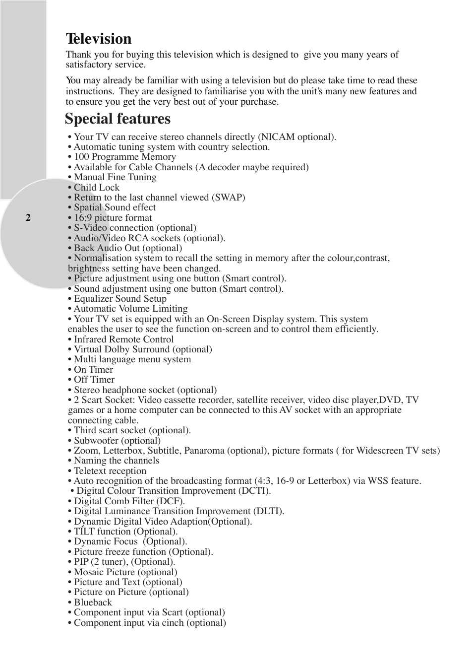 Television, Special features | Beko NICAM STEREO User Manual | Page 3 / 26