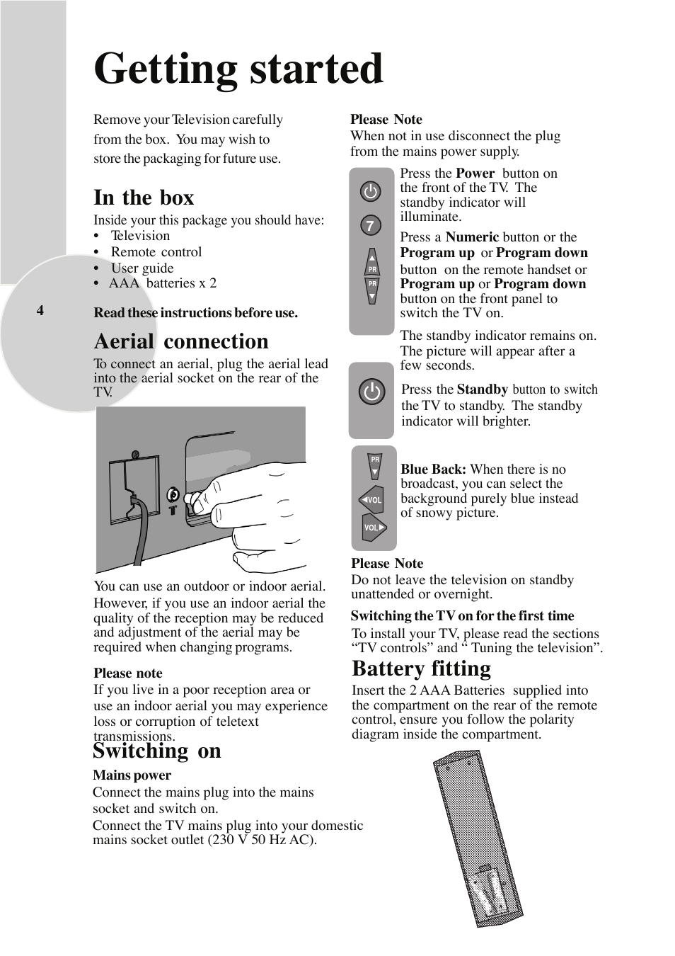 Getting started, Switching on, Battery fitting | Aerial connection | Beko NICAM STEREO User Manual | Page 5 / 26