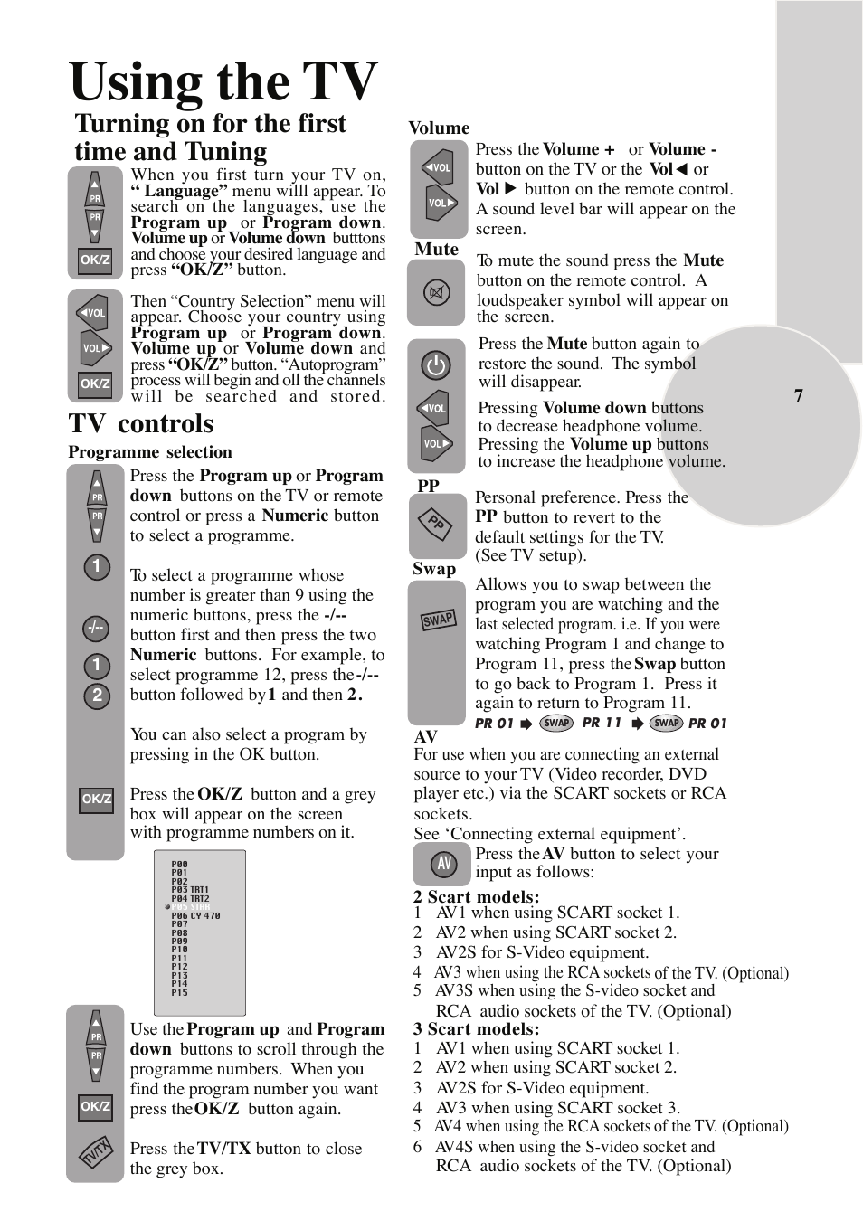 Using the tv, Tv controls, Turning on for the first time and tuning | Beko NICAM STEREO User Manual | Page 8 / 26