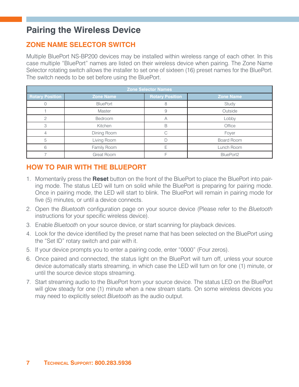 Pairing the wireless device, Zone name selector switch, How to pair with the blueport | ClearOne BluePort NS-BP200 User Manual | Page 10 / 12