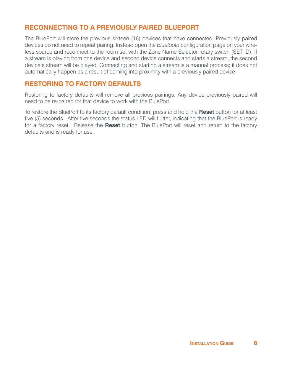 Reconnecting to a previously paired blueport, Restoring to factory defaults | ClearOne BluePort NS-BP200 User Manual | Page 11 / 12