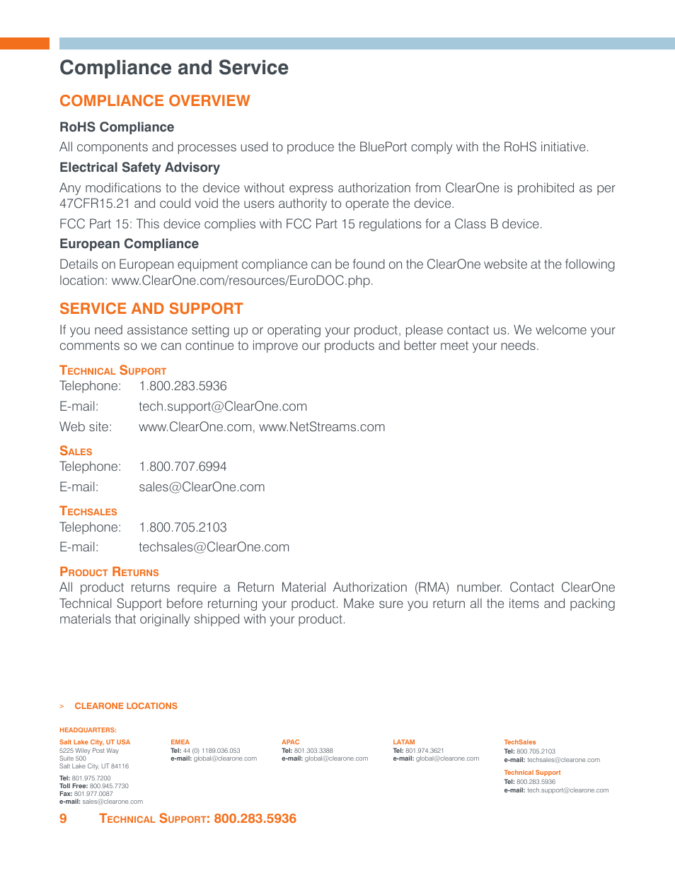Compliance and service, Compliance overview, Service and support | Technical support, Sales, Techsales, Product returns, Compliance overview service and support, Technical support sales techsales product returns | ClearOne BluePort NS-BP200 User Manual | Page 12 / 12