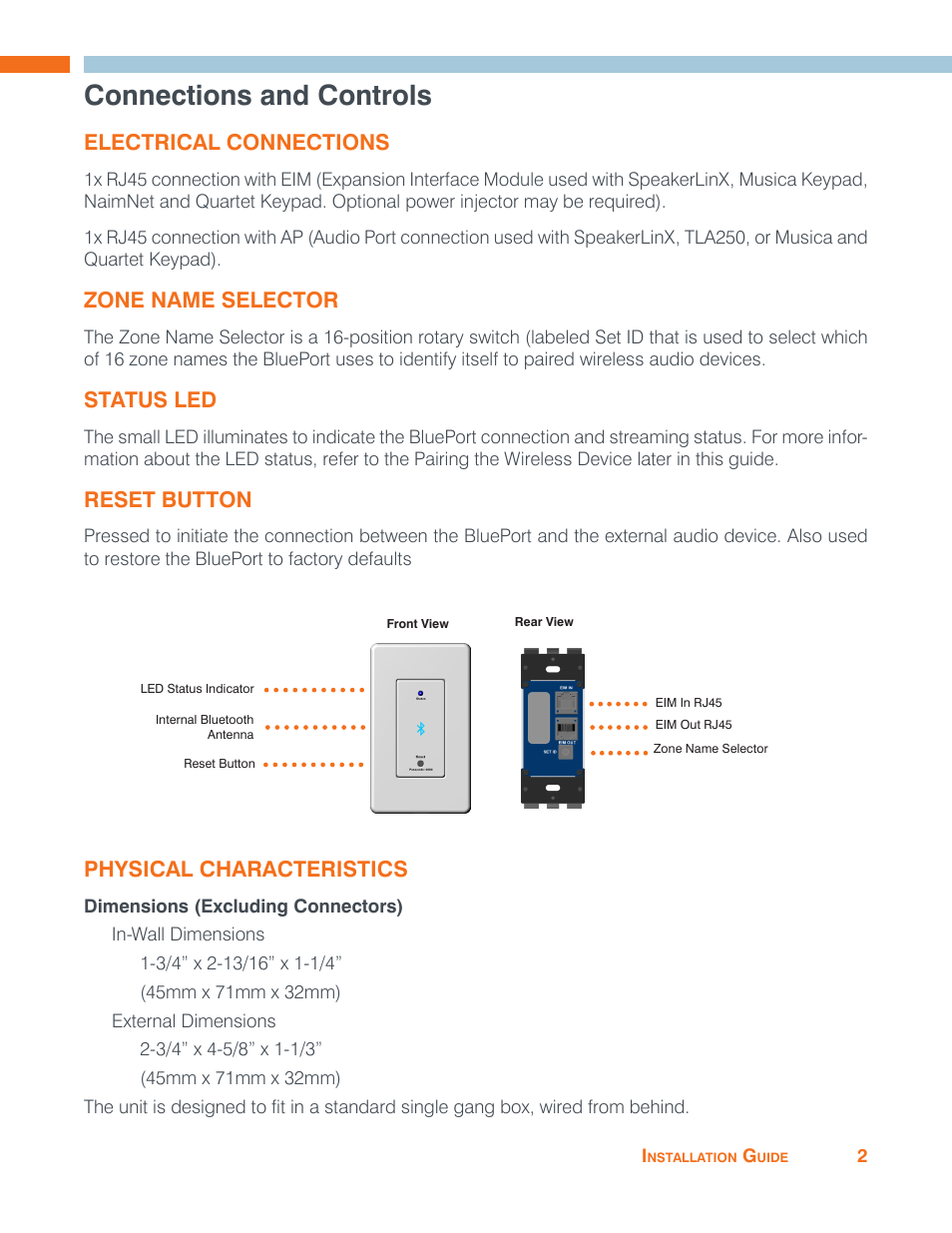 Connections and controls, Electrical connections, Zone name selector | Status led, Reset button, Physical characteristics | ClearOne BluePort NS-BP200 User Manual | Page 5 / 12