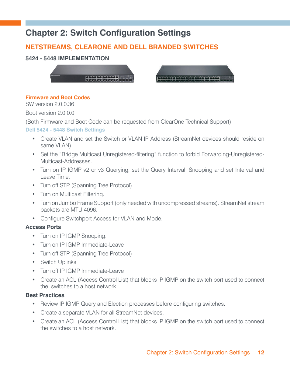 Chapter 2: switch configuration settings, Netstreams, clearone and dell branded switches, 5424 - 5448 implementation | ClearOne StreamNet Infrastructure and Network User Manual | Page 15 / 22