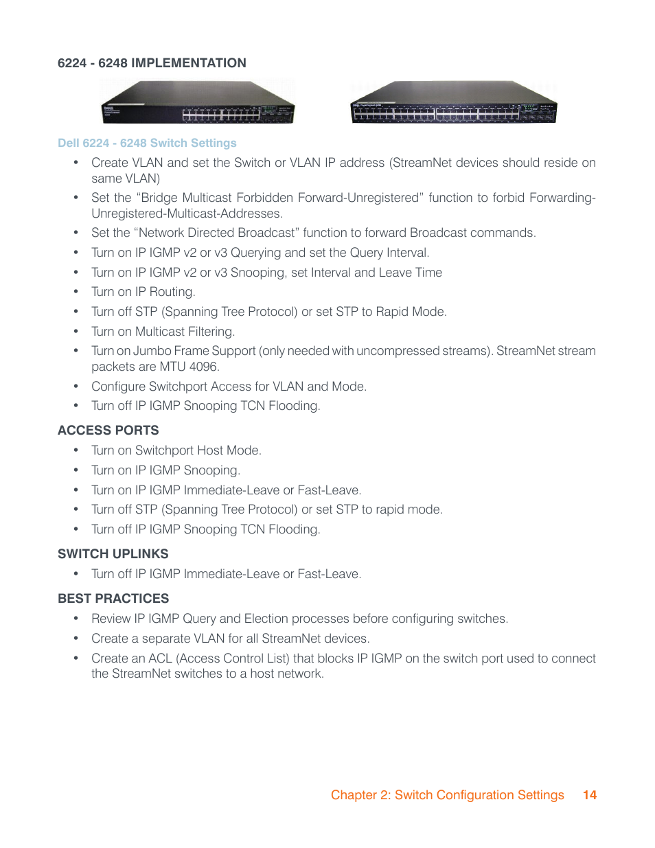 6224-6248 implementation, Access ports, Switch uplinks | Best practices | ClearOne StreamNet Infrastructure and Network User Manual | Page 17 / 22