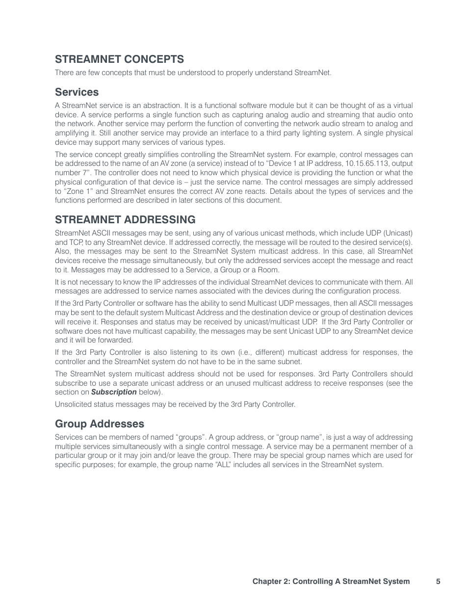 Streamnet concepts, Ervices, Streamnet addressing | Roup, Ddresses, Services, Group addresses | ClearOne StreamNet Integration User Manual | Page 11 / 55