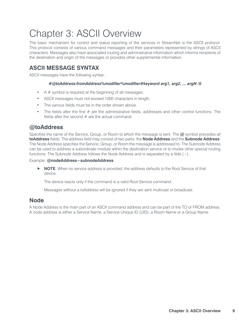 Chapter 3: ascii overview, Ascii message syntax, Ddress | Toaddress, Node | ClearOne StreamNet Integration User Manual | Page 15 / 55