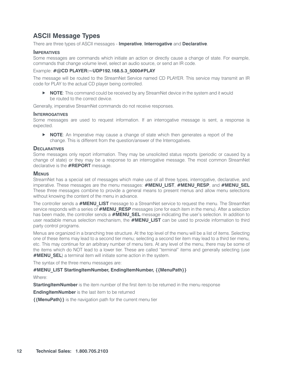 Ascii m, Essage, Ypes | Imperatives, Interrogatives declaratives menus, Ascii message types | ClearOne StreamNet Integration User Manual | Page 18 / 55